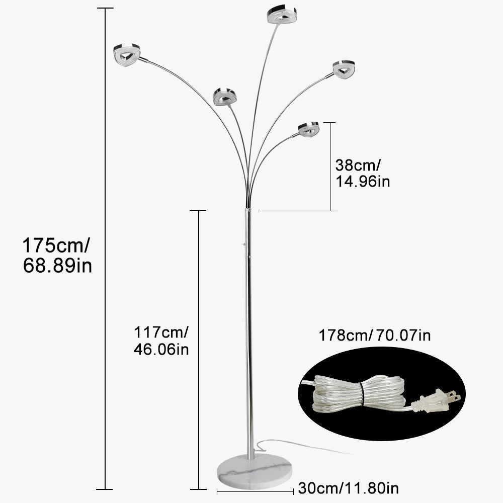Depuley Lampadaire LED à 5 lumières à intensité variable pour chambre à coucher avec bras et tête réglables - Lampes modernes à poteaux hauts pour bureau