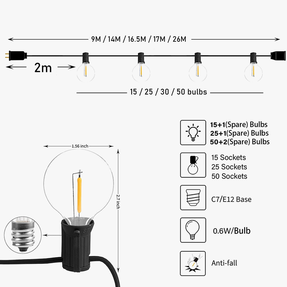 Festoon LED Globe guirlande lumineuse fée LED G40 extérieur pour fête de noël jardin guirlande décorative lampe rue Patio arrière-cour