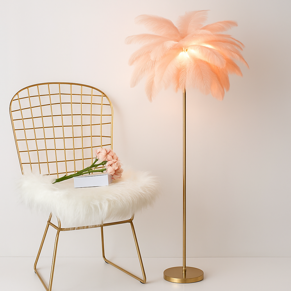 lampadaire décoratif nordique avec plumes d'autruche et éclairage led