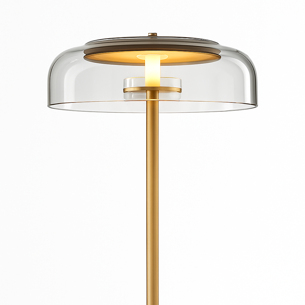 Lampadaire doré avec abat-jour en verre arrondi
