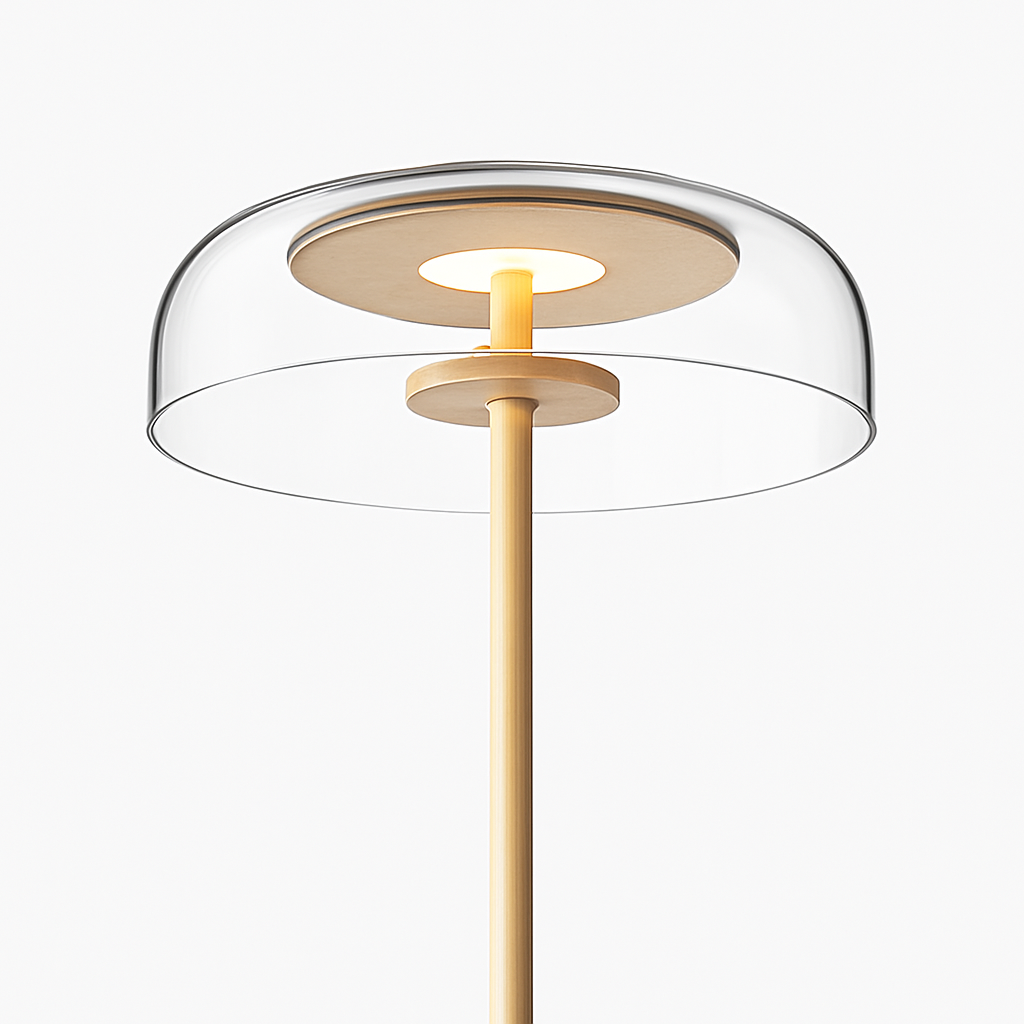 Lampadaire doré avec abat-jour en verre arrondi