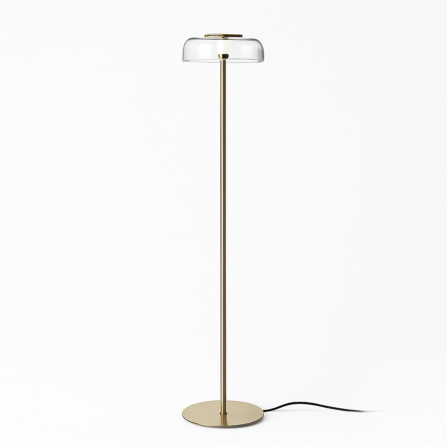 Lampadaire doré avec abat-jour en verre arrondi