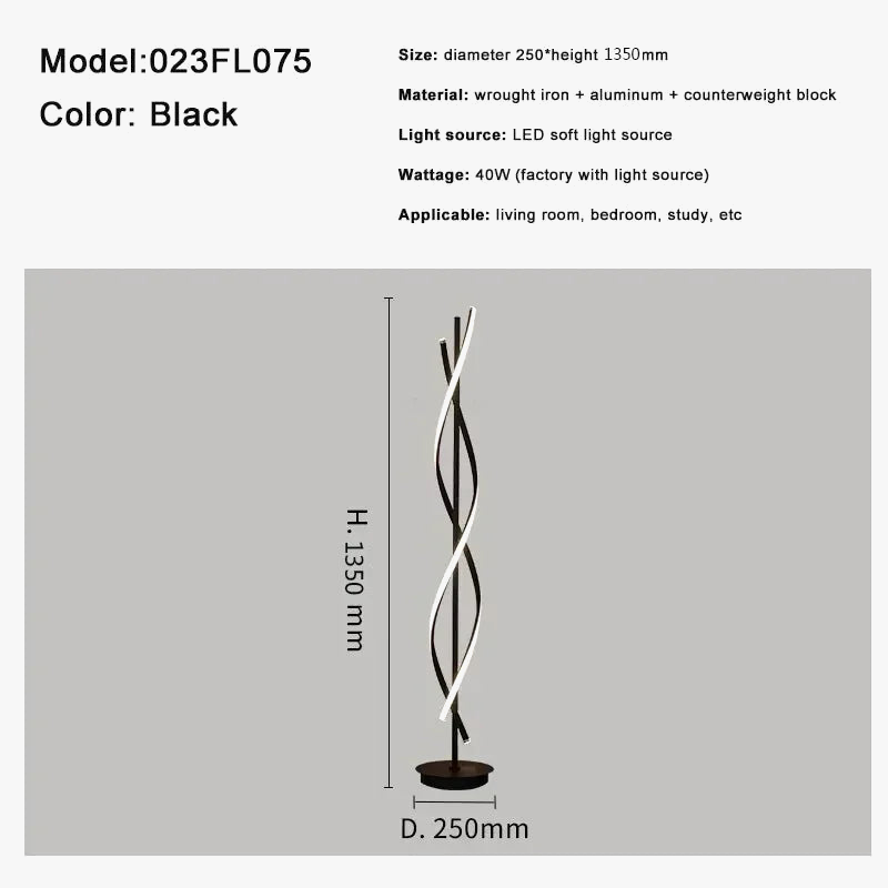 Lampadaire LED moderne en spirale en aluminium pour canapé à côté de la chambre à coucher salon décoration intérieure verticale salle d'étude chevet maison lumière