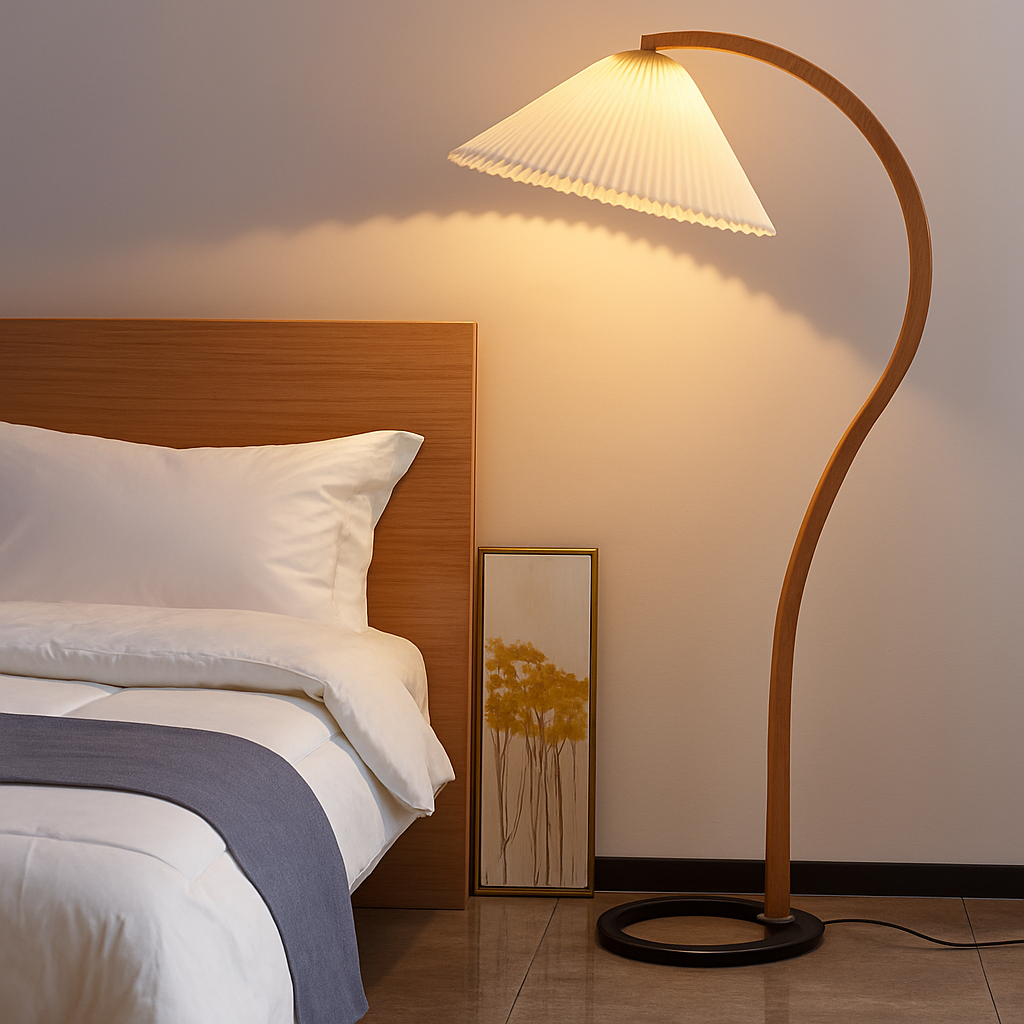 Lampadaire LED plissée en bois naturel et noyer