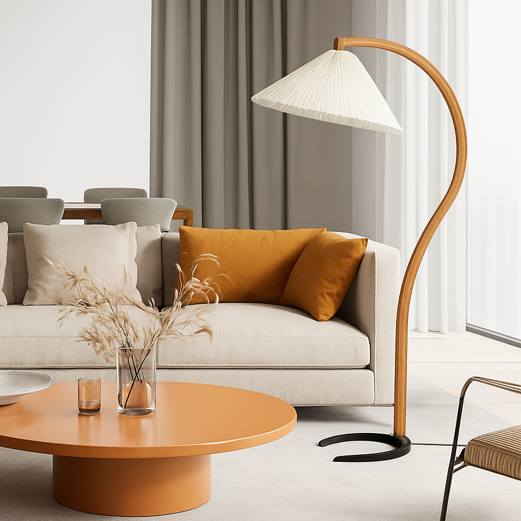 Lampadaire LED plissée en bois naturel et noyer