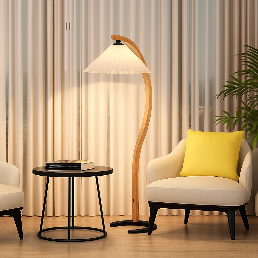 Lampadaire LED plissée en bois naturel et noyer