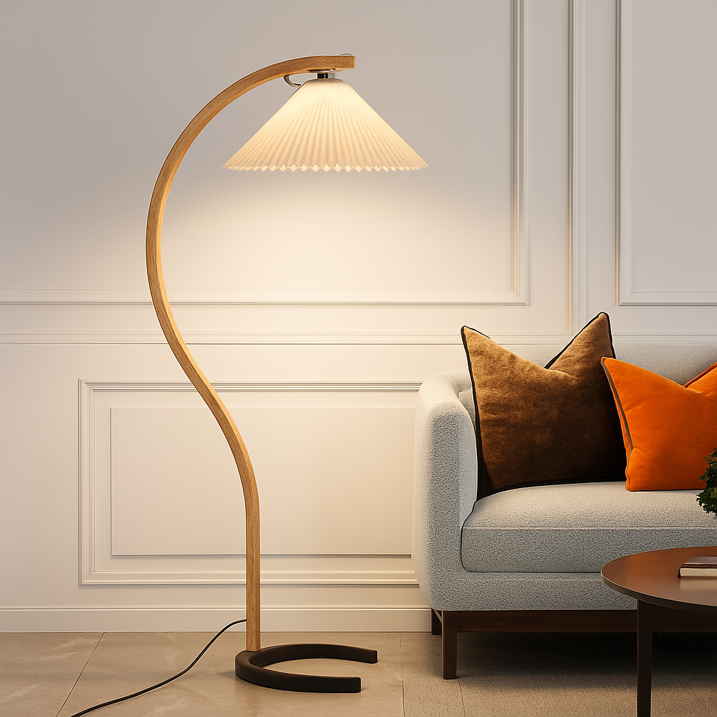 Lampadaire LED plissée en bois naturel et noyer