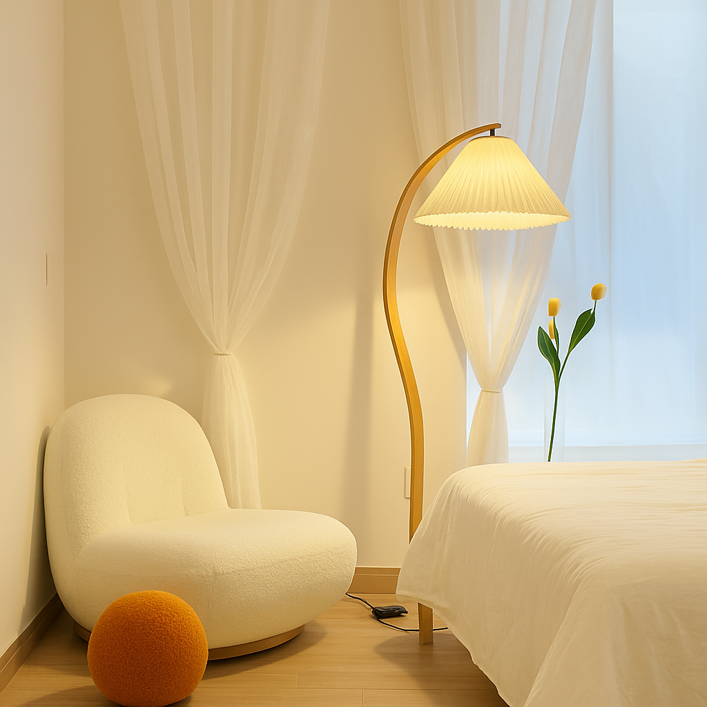 Lampadaire LED plissée en bois naturel et noyer