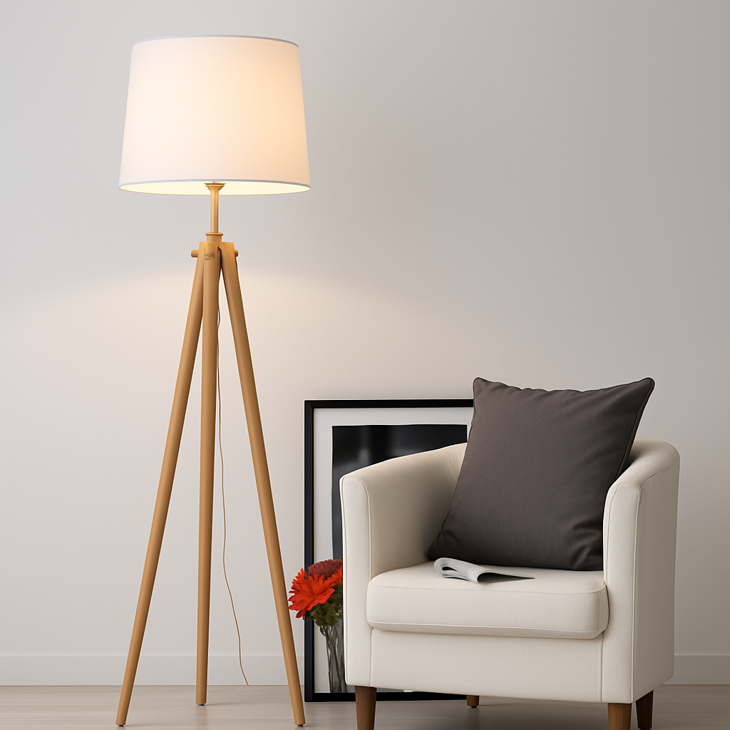 Lampadaire tripode en bois avec abat-jour en tissu Fabric