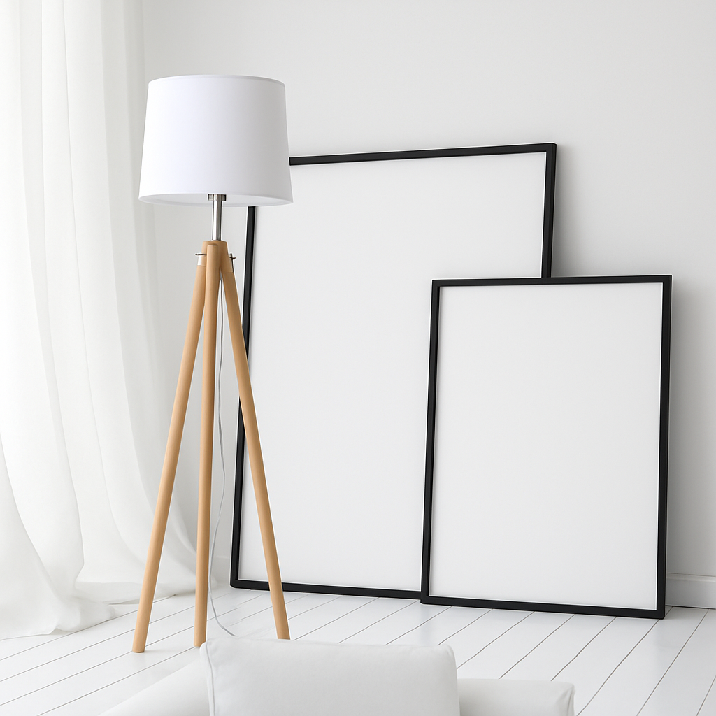 Lampadaire tripode en bois avec abat-jour en tissu Fabric
