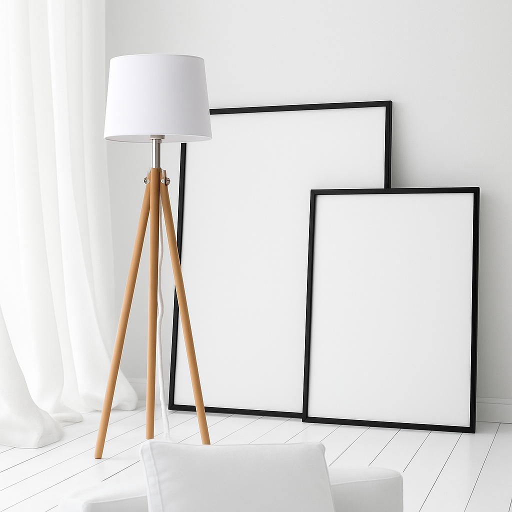 Lampadaire tripode en bois avec abat-jour en tissu Fabric