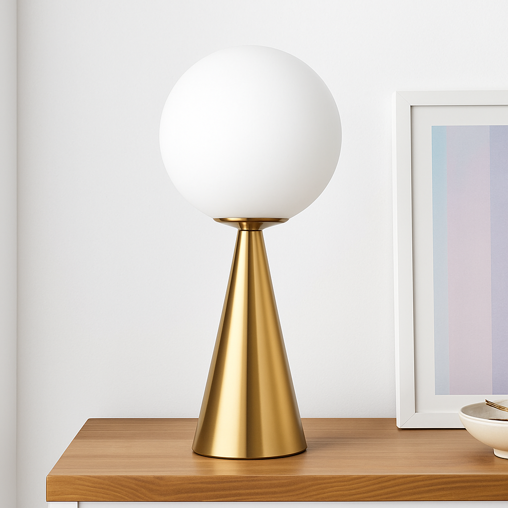 Lampe de chevet design en cône dorée et lampe en boule