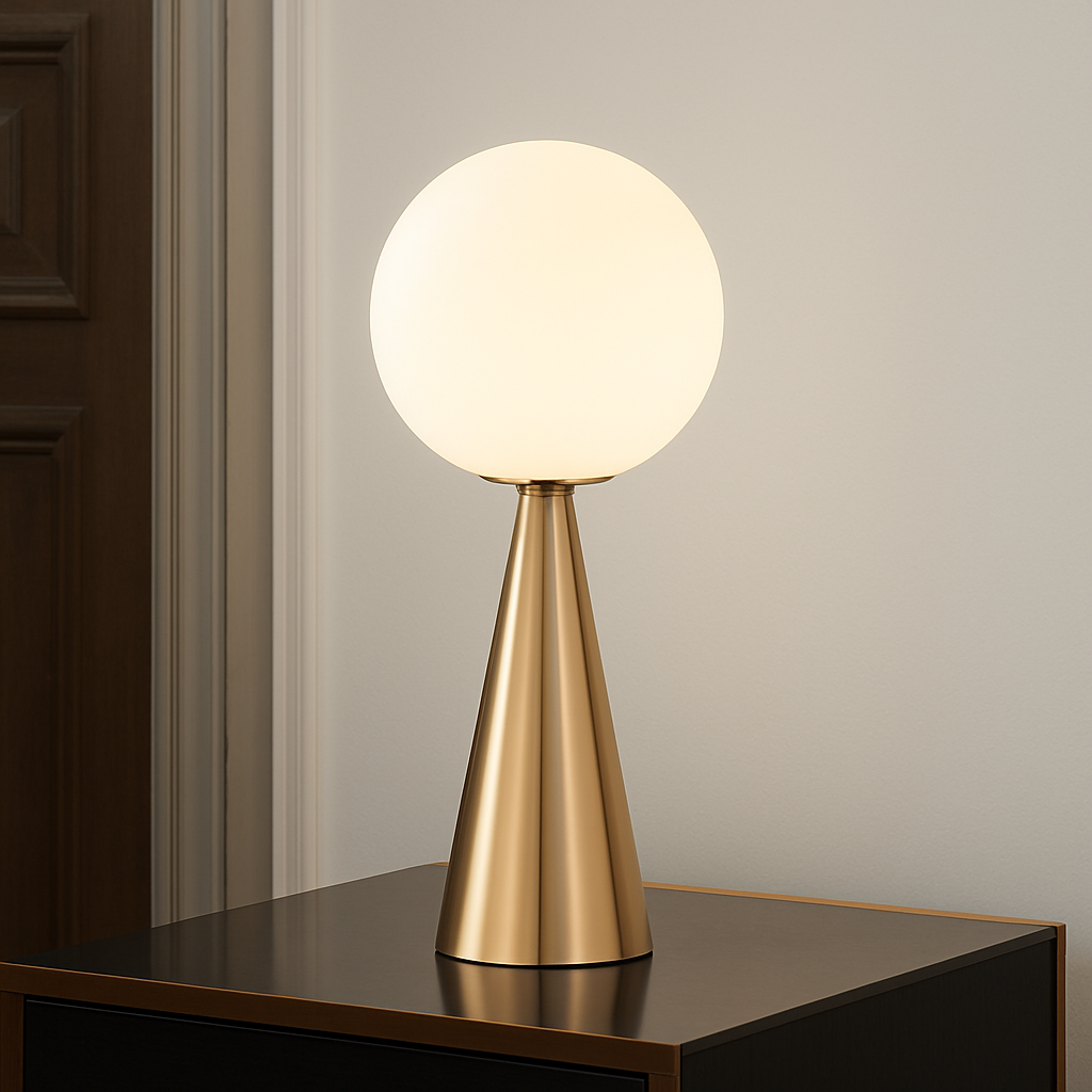 Lampe de chevet design en cône dorée et lampe en boule
