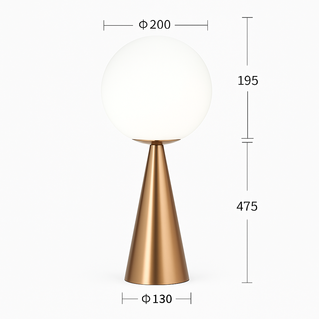 Lampe de chevet design en cône dorée et lampe en boule