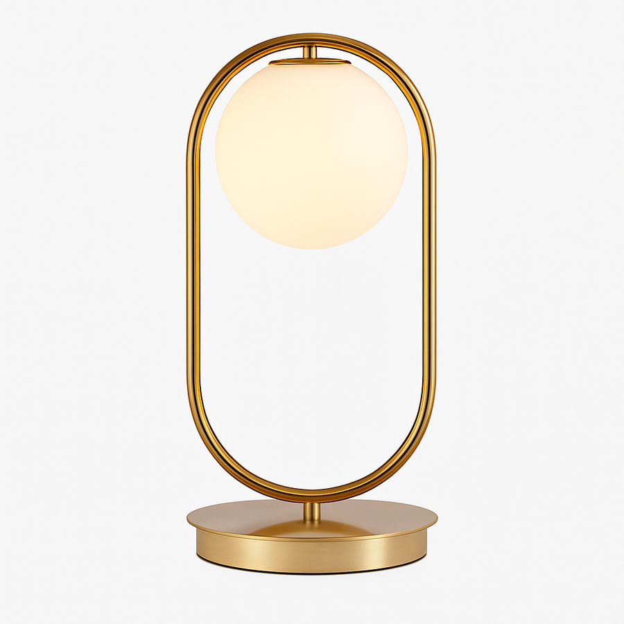 Lampe de chevet design en métal doré et boule en verre