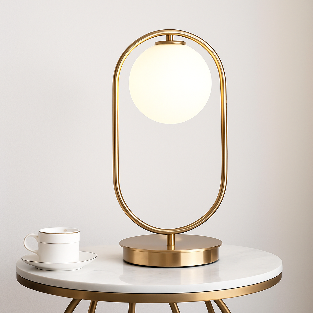 Lampe de chevet design en métal doré et boule en verre