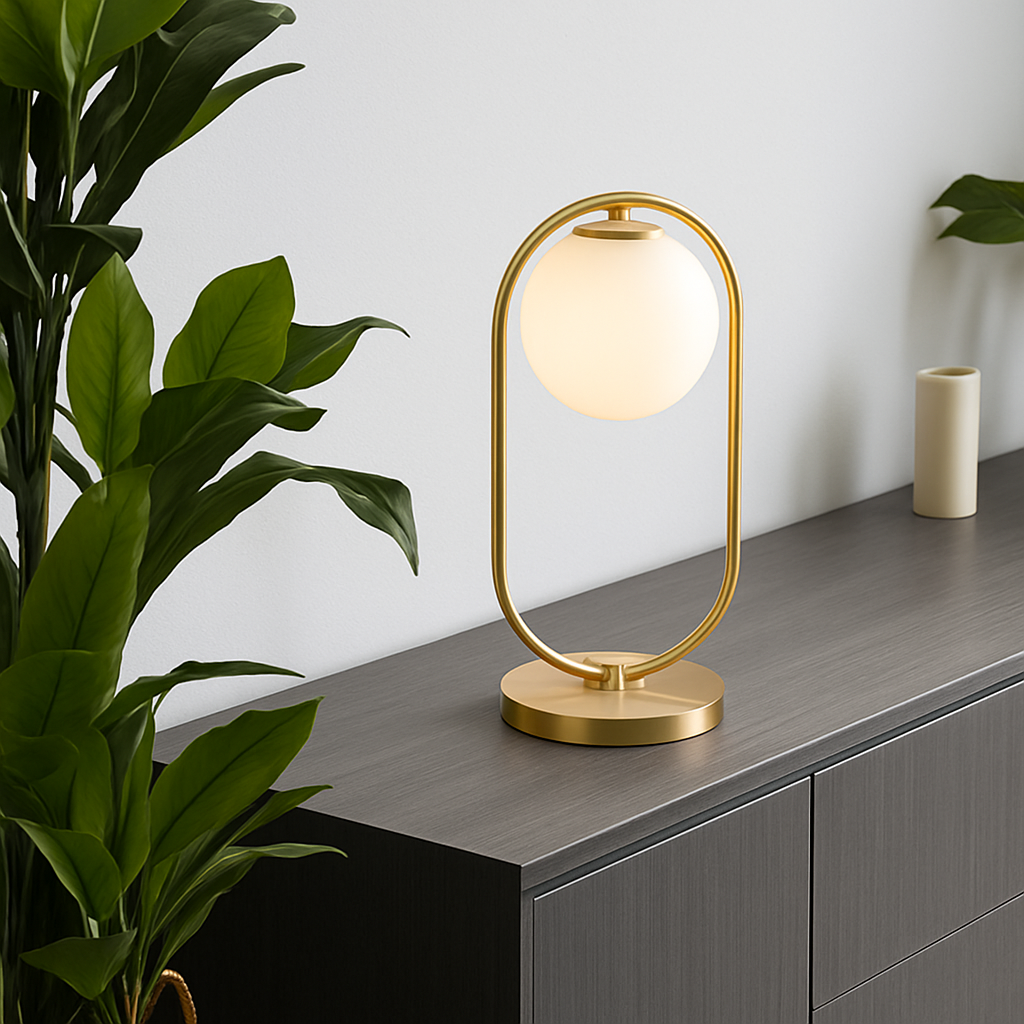 Lampe de chevet design en métal doré et boule en verre