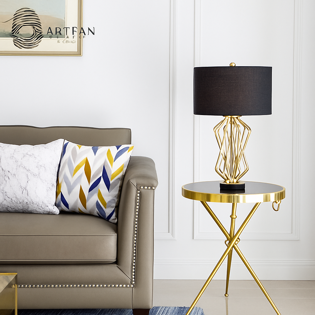 Lampe de chevet à pied design doré et abat-jour en tissu
