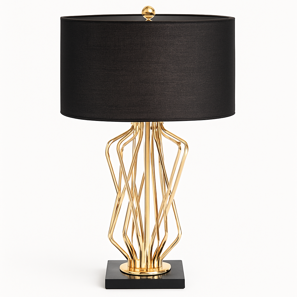 Lampe de chevet à pied design doré et abat-jour en tissu