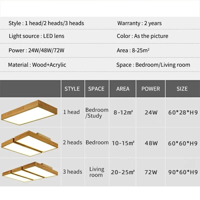 lampe de plafond led minimaliste moderne en bois carrée
