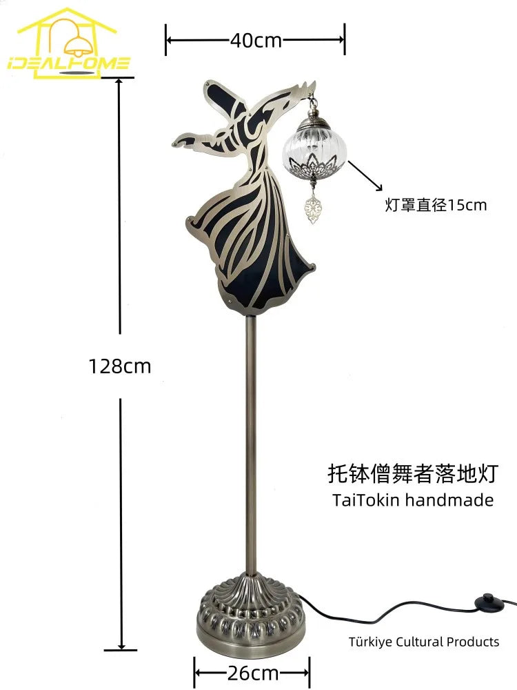 lampe de sol exotique en forme de bol et moine danseur zen