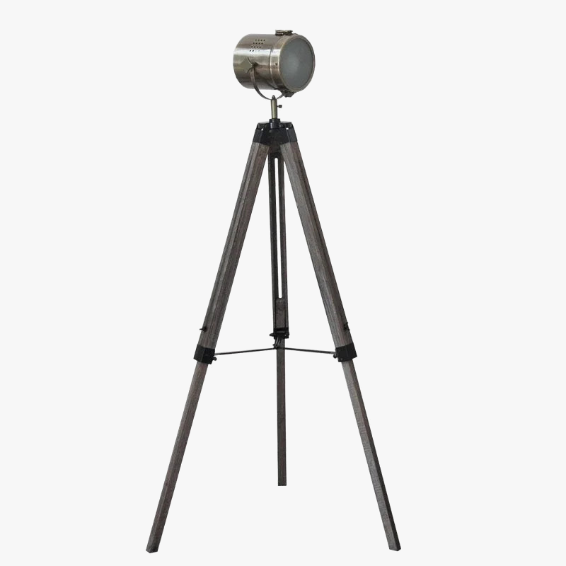 lampe de sol industrielle en bois avec trépied vintage à charnière