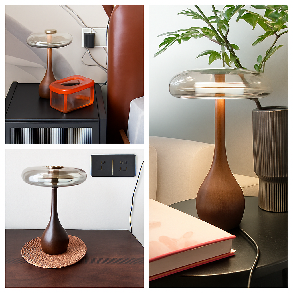 lampe de table rétro en verre et bois design japonais