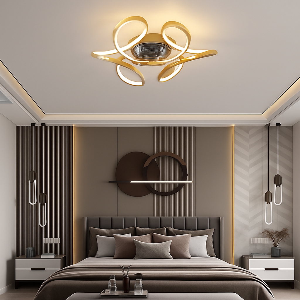 lampe à led moderne avec ventilateur de plafond et télécommande