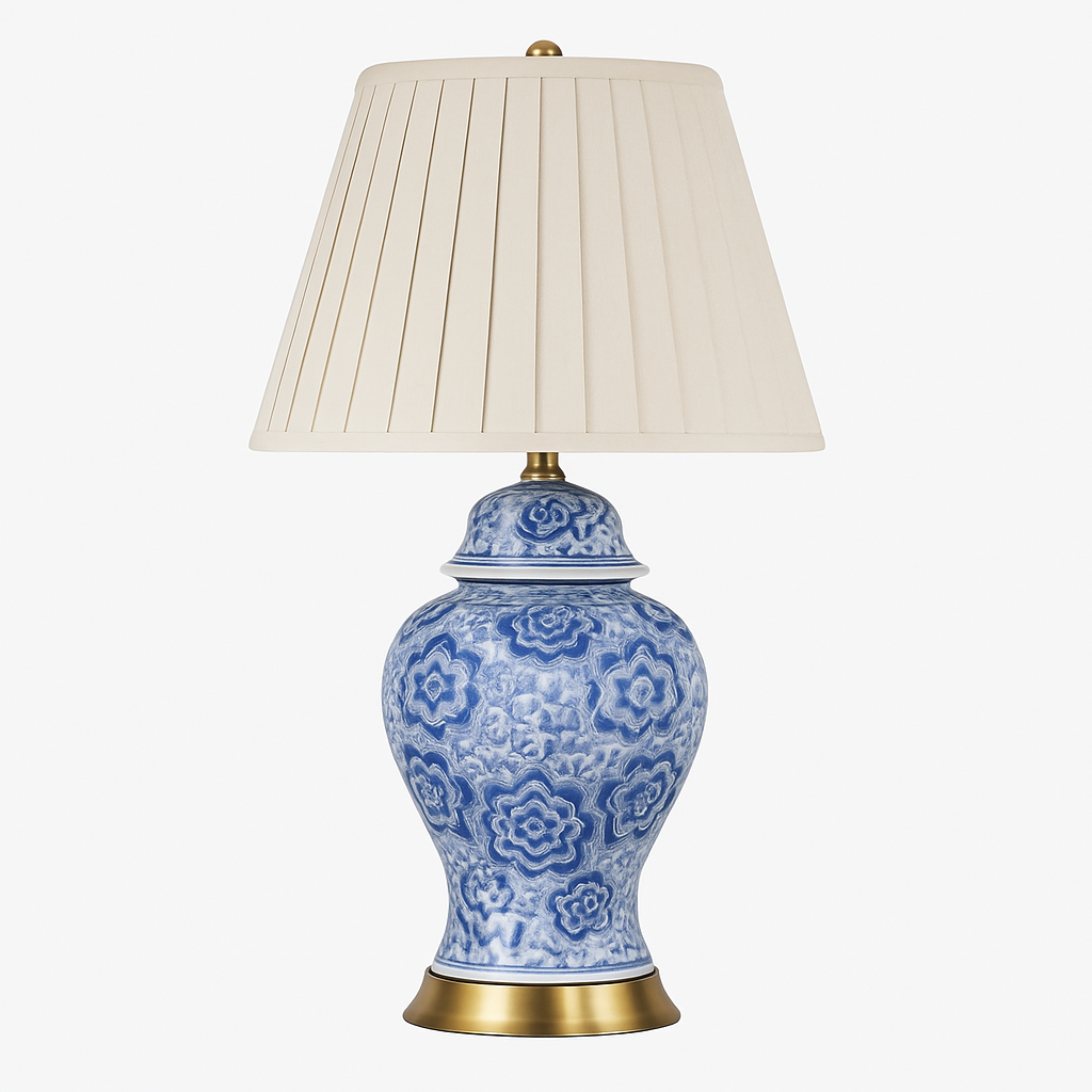 Lampe à poser LED en céramique bleu avec abat-jour blanc style Japonais
