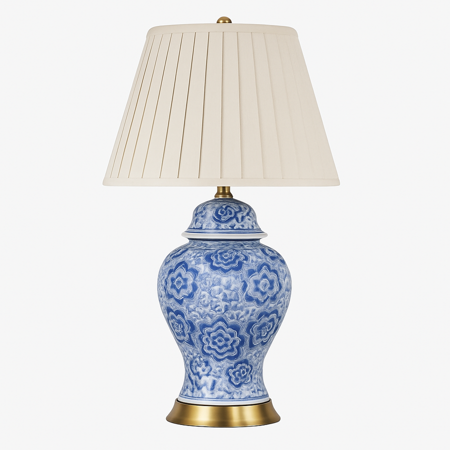 Lampe à poser LED en céramique bleu avec abat-jour blanc style Japonais
