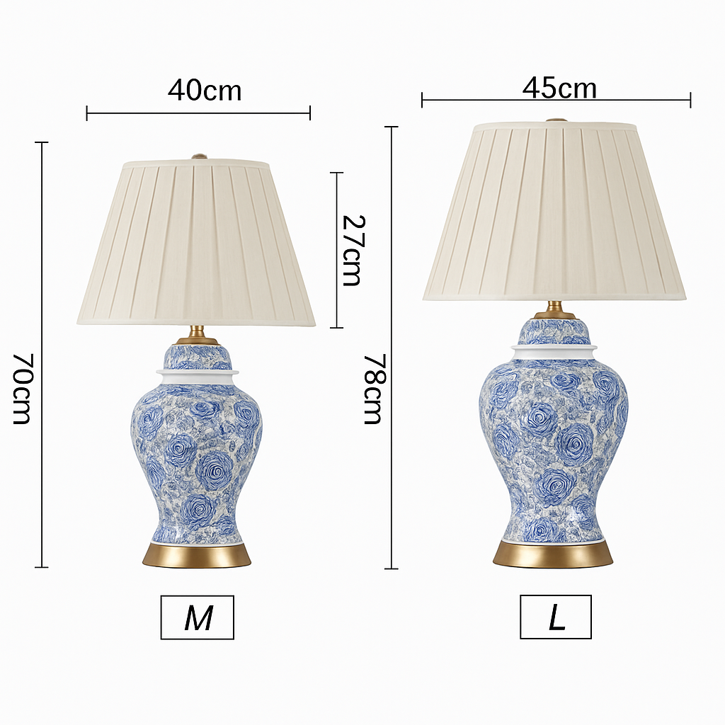 Lampe à poser LED en céramique bleu avec abat-jour blanc style Japonais