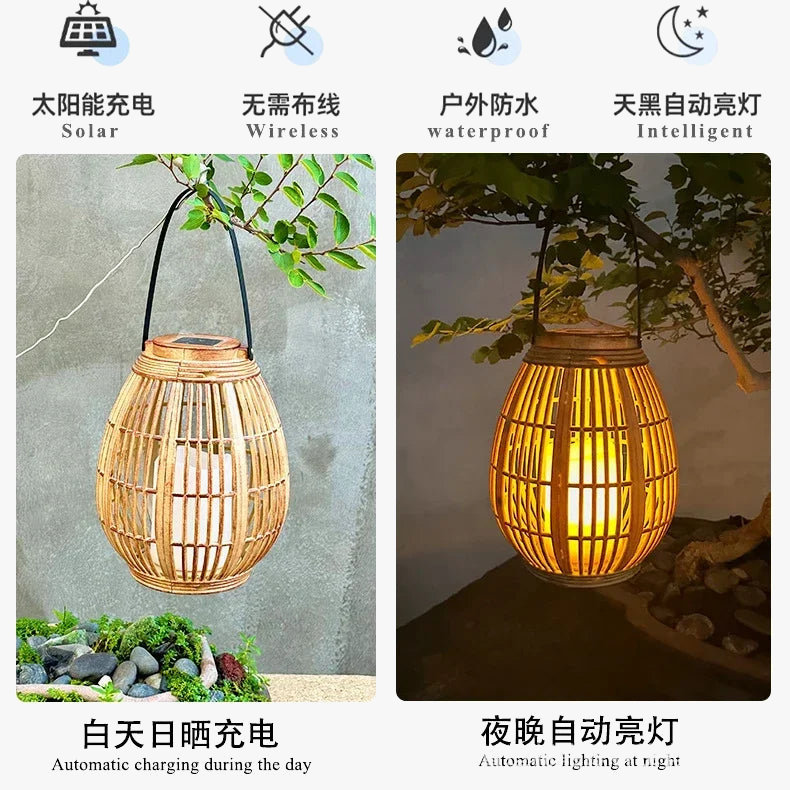 lanterne solaire en rotin pour jardin et balcon décorative