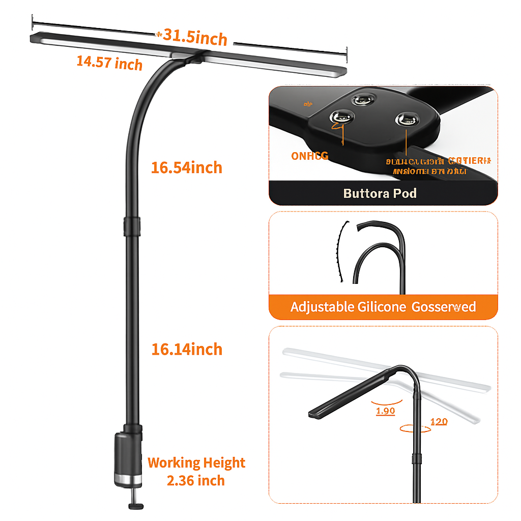 LAOPAO Lampe de bureau LED à double tête Lampes de bureau d'architecte EU/US Bureau 24W 5 modes de couleur les plus lumineux et 5 lampes de protection des yeux à intensité variable
