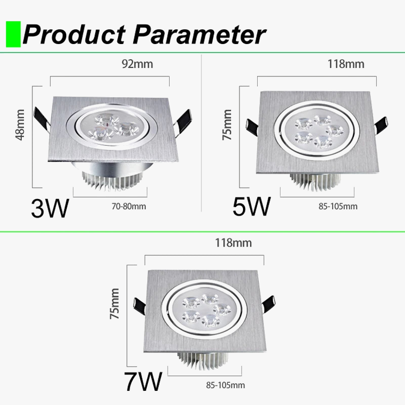 Spot LED carré vers le bas lumières 3W 5W 7W encastré Dimmable 110V 220V Spot intérieur plafond maison plafond décor
