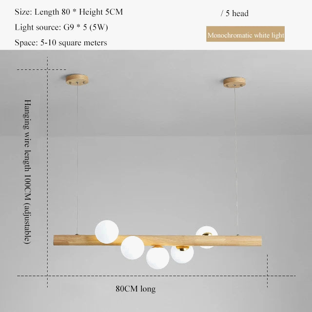 LED longue suspension en bois lumières moderne boule de verre lustre Art Design Luminaire en bois G9 suspension pour éclairage de salle à manger