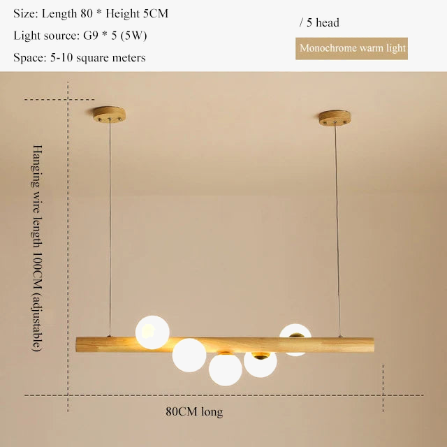 LED longue suspension en bois lumières moderne boule de verre lustre Art Design Luminaire en bois G9 suspension pour éclairage de salle à manger