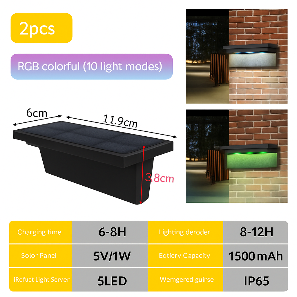 lot de 2 appliques solaires extérieures 5 led étanches intelligentes