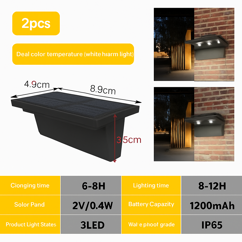 lot de 2 appliques solaires extérieures 5 led étanches intelligentes