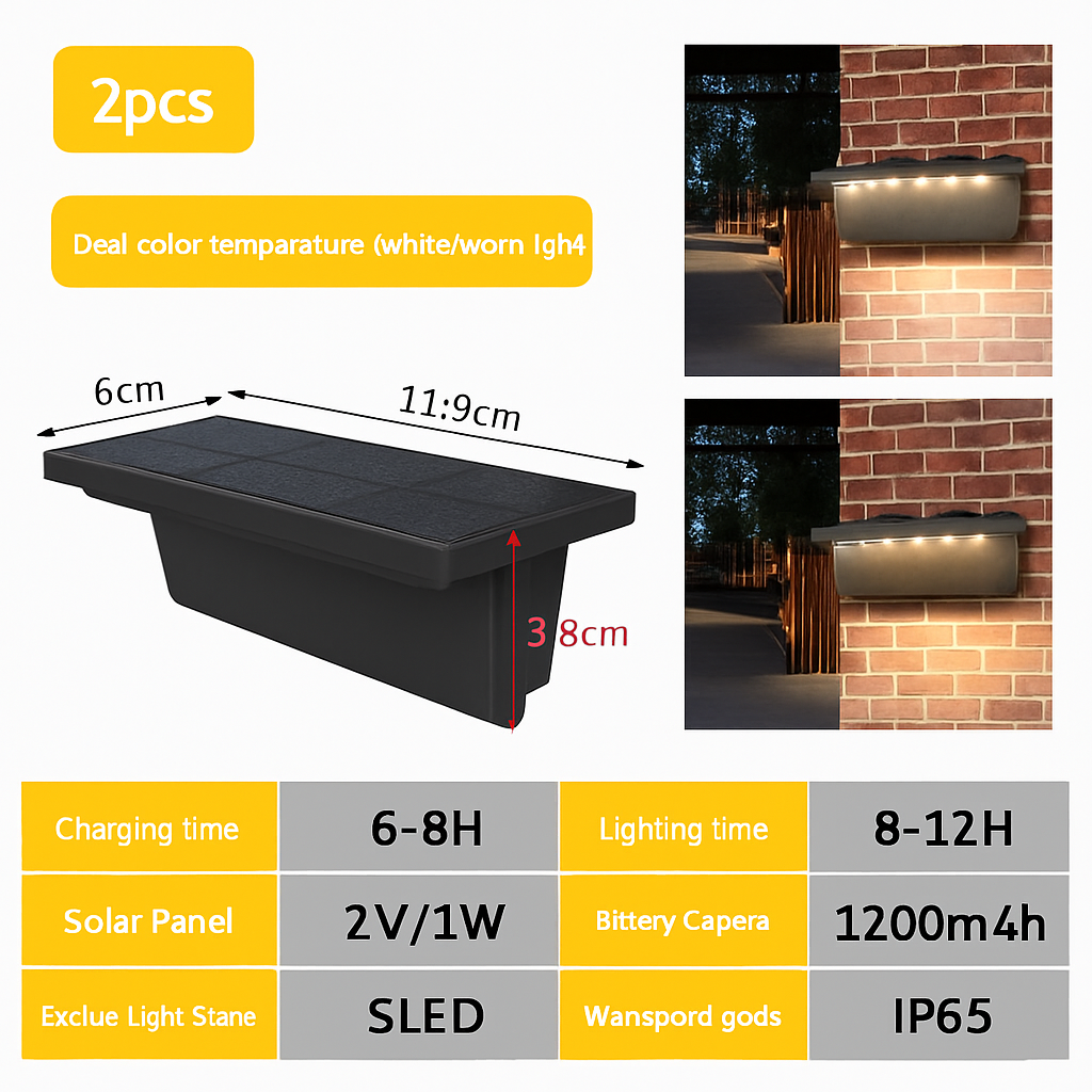 lot de 2 appliques solaires extérieures 5 led étanches intelligentes