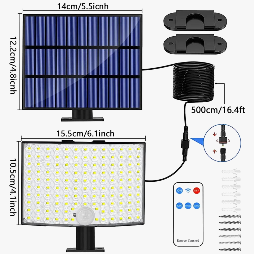 lumière solaire extérieure 128 led étanche avec capteur de mouvement 3 modes