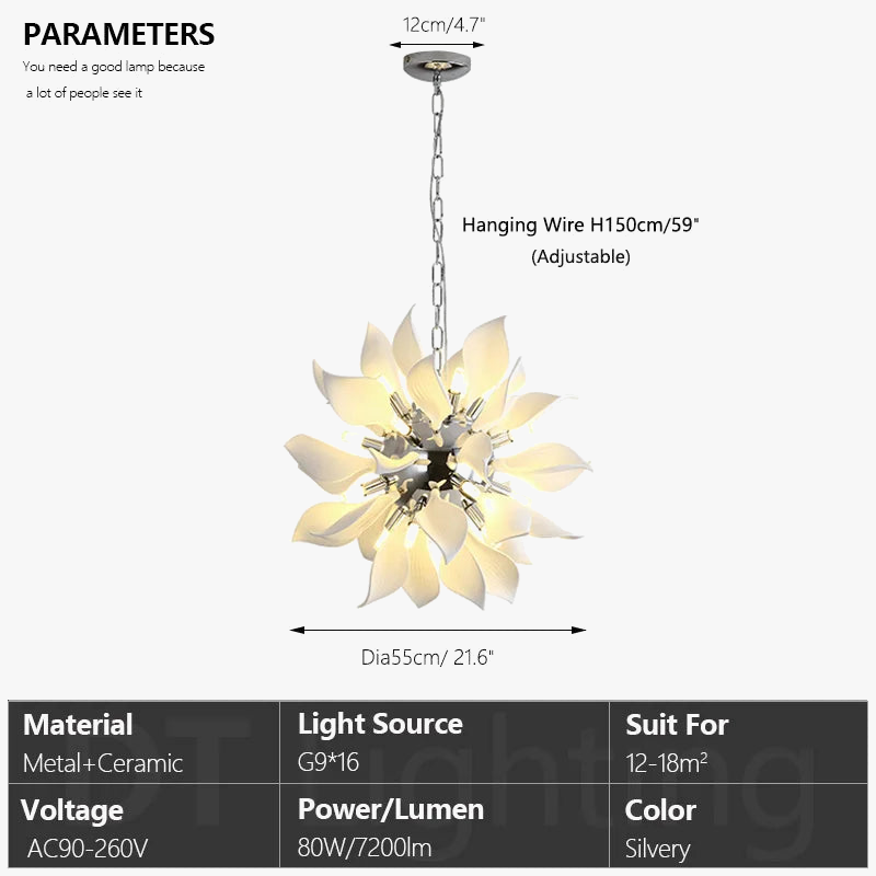 lustre carré en céramique avec pétales de fleurs suspendu