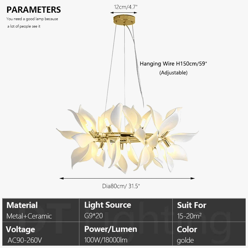 lustre carré en céramique avec pétales de fleurs suspendu