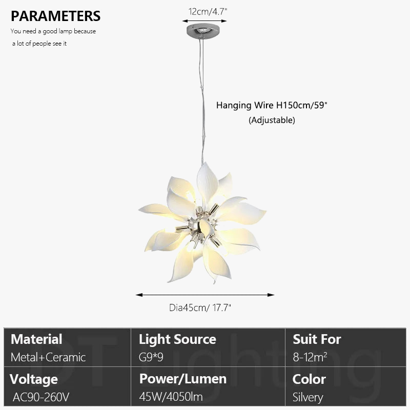 lustre carré en céramique avec pétales de fleurs suspendu