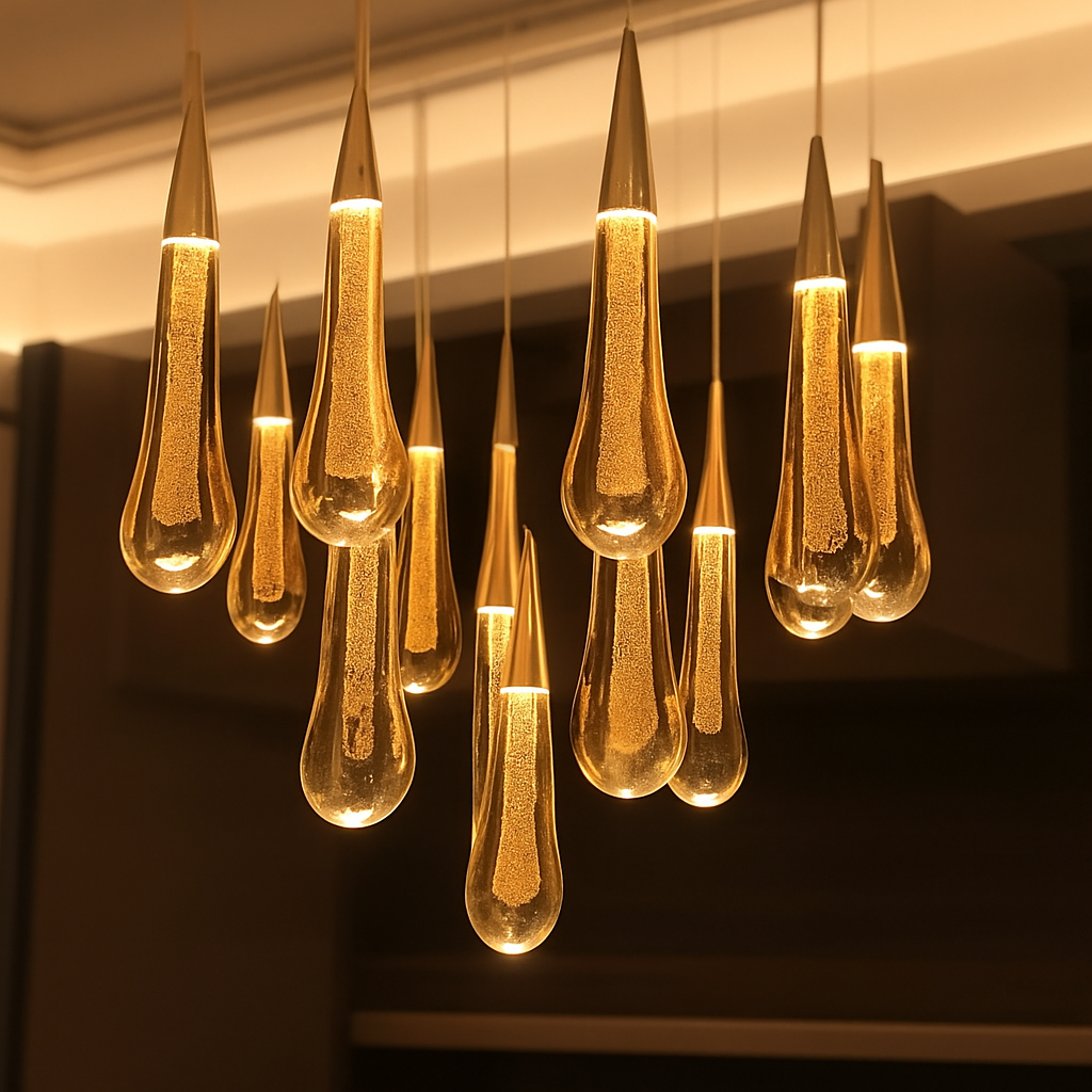 lustre créatif en cristal en forme de goutte d'eau dorée rotatif