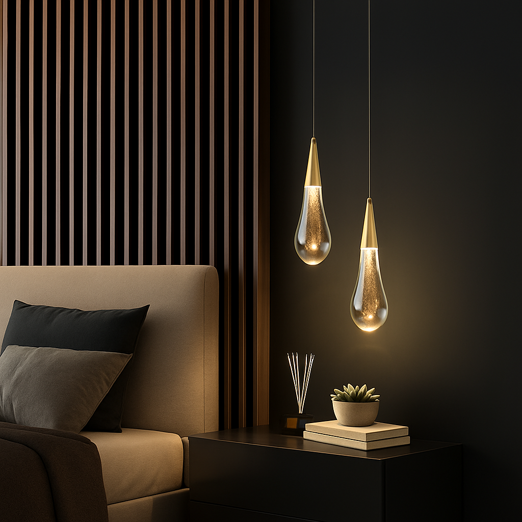 lustre créatif en cristal en forme de goutte d'eau dorée rotatif