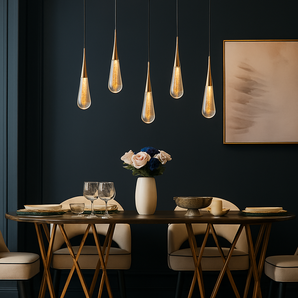 lustre créatif en cristal en forme de goutte d'eau dorée rotatif