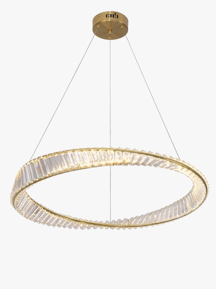 lustre décoratif circulaire en cristal et acier inoxydable