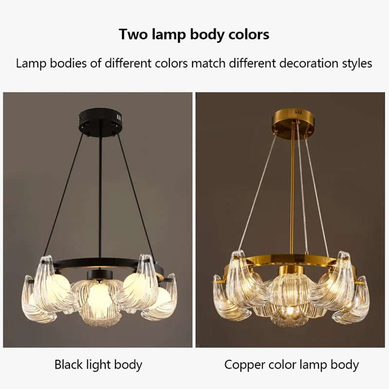 lustre de luxe en verre de coquille avec lampes led créatives