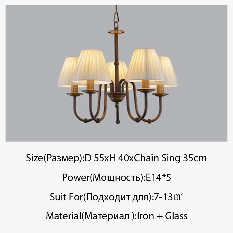 Lustre de pays européen et américain classique en fer forgé salon chambre lampe salle à manger tissu abat-jour lustre