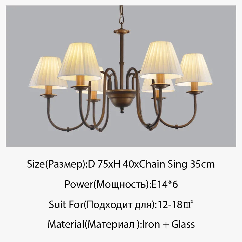 Lustre de pays européen et américain classique en fer forgé salon chambre lampe salle à manger tissu abat-jour lustre